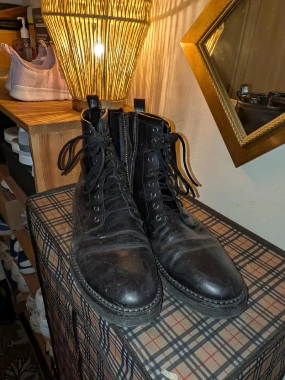Allsaints Men's Black Leather Lace-Up Combat Boots Side Zip Size 12